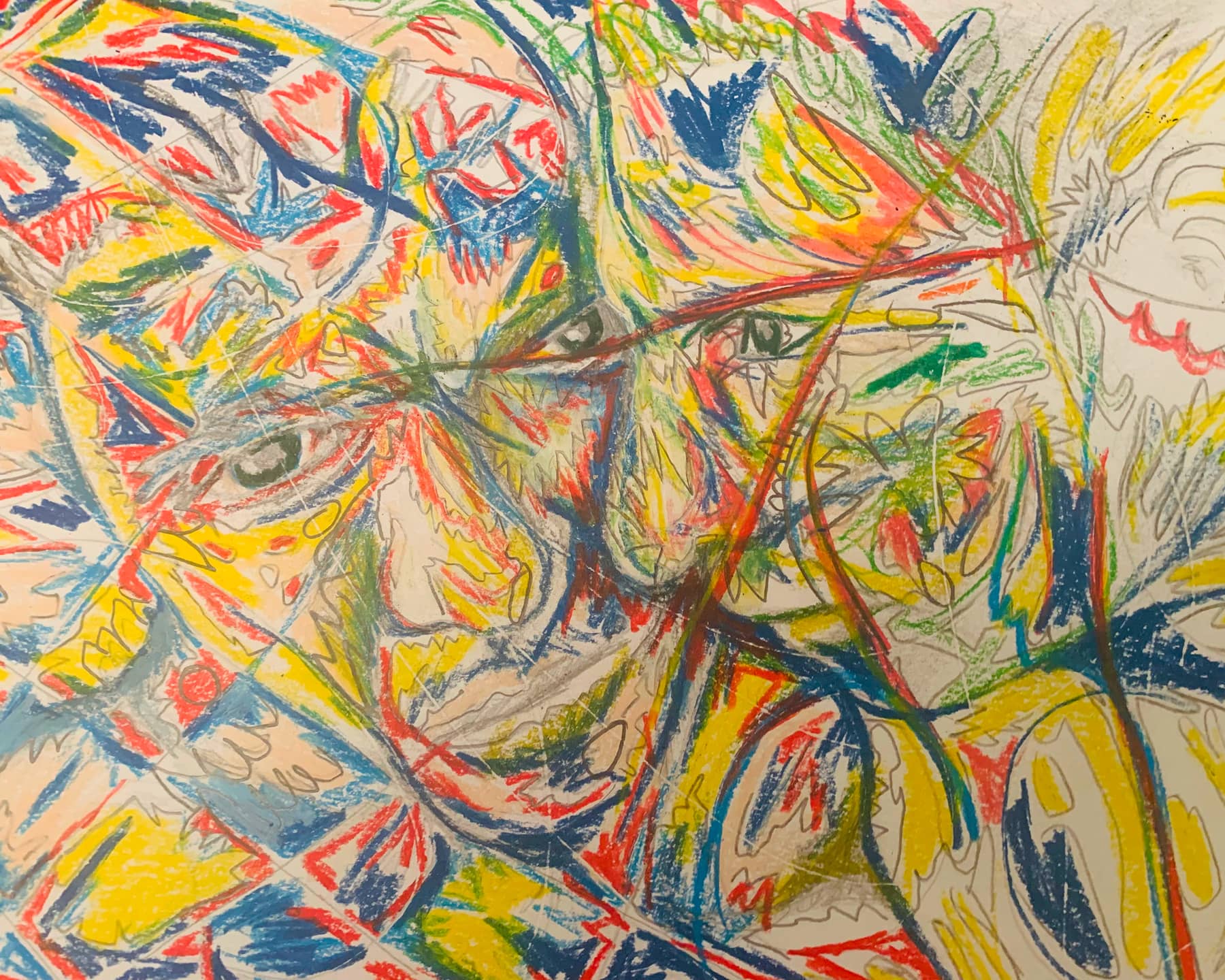 tableau de Diego Lis, on y distingue 2 visages dans un ensemble de couleurs chaudes 